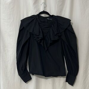 Zara Black Puff Sleeve Ruffled Blouse